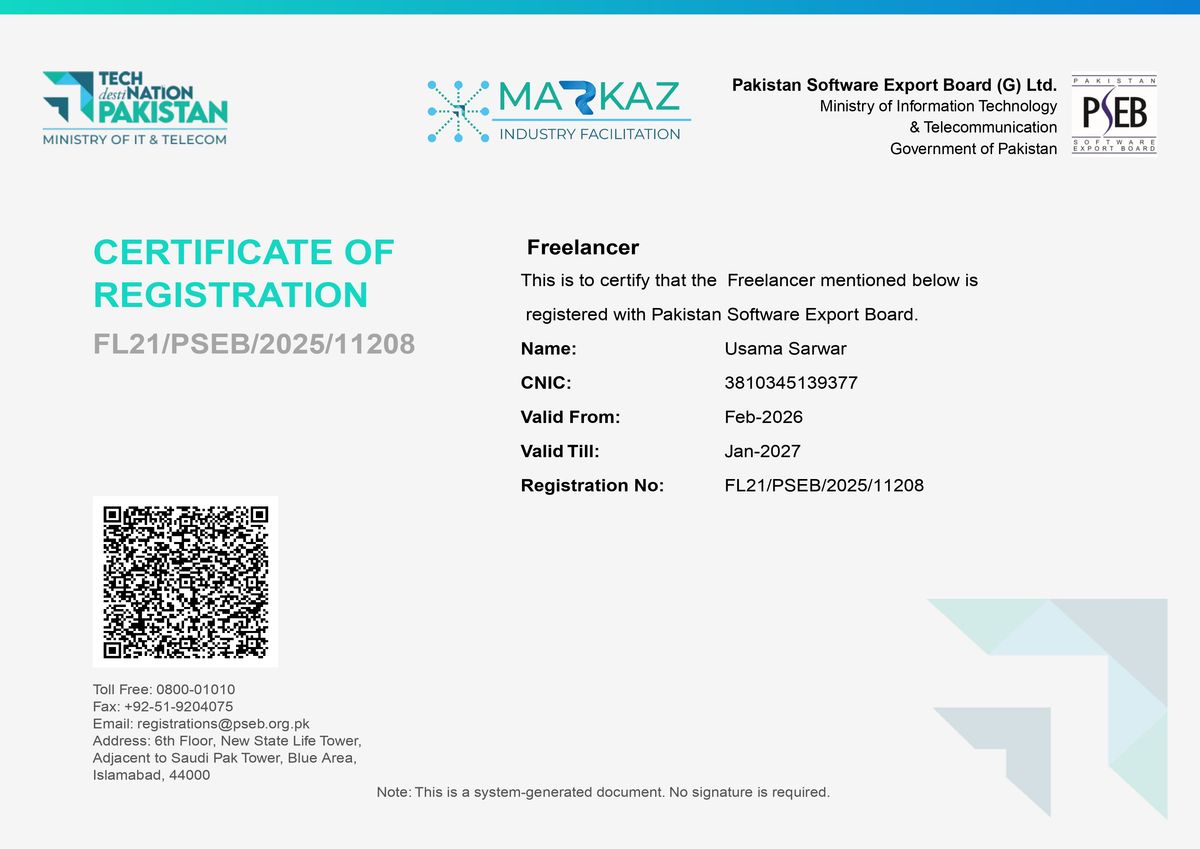 Pakistan Software Export Board certificate