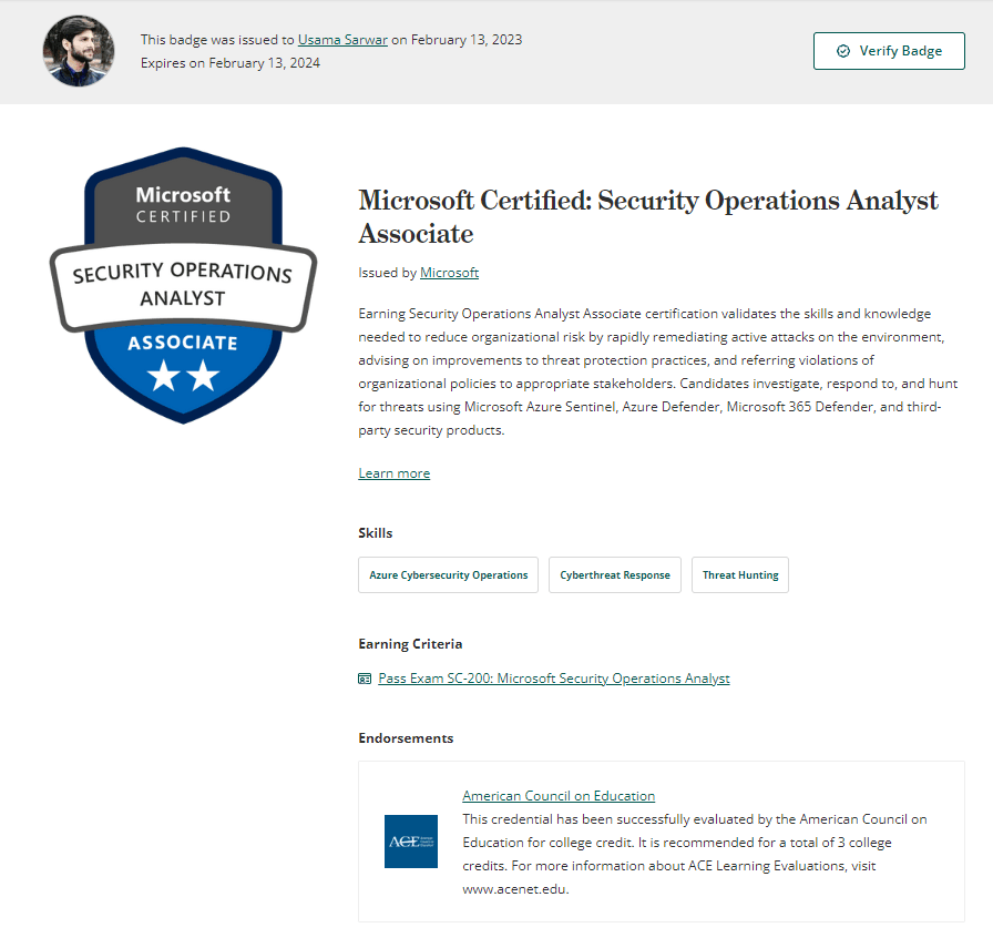 Security Operations Analyst certificate